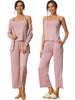 Womens 3 Pcs Sleepwear Soft Solid Color Long Sleeve Tops Cami and Pants Pajama Set