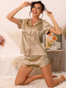 Women Satin Pajama Set Button Short Sleeve Shirt and Shorts Loungwear Sleepwear