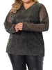 Sequin Relax Fit V Neck Sheer Sleeve Top