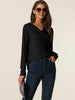 Casual V Neck Ribbed Pullover Long Sleeve Tops