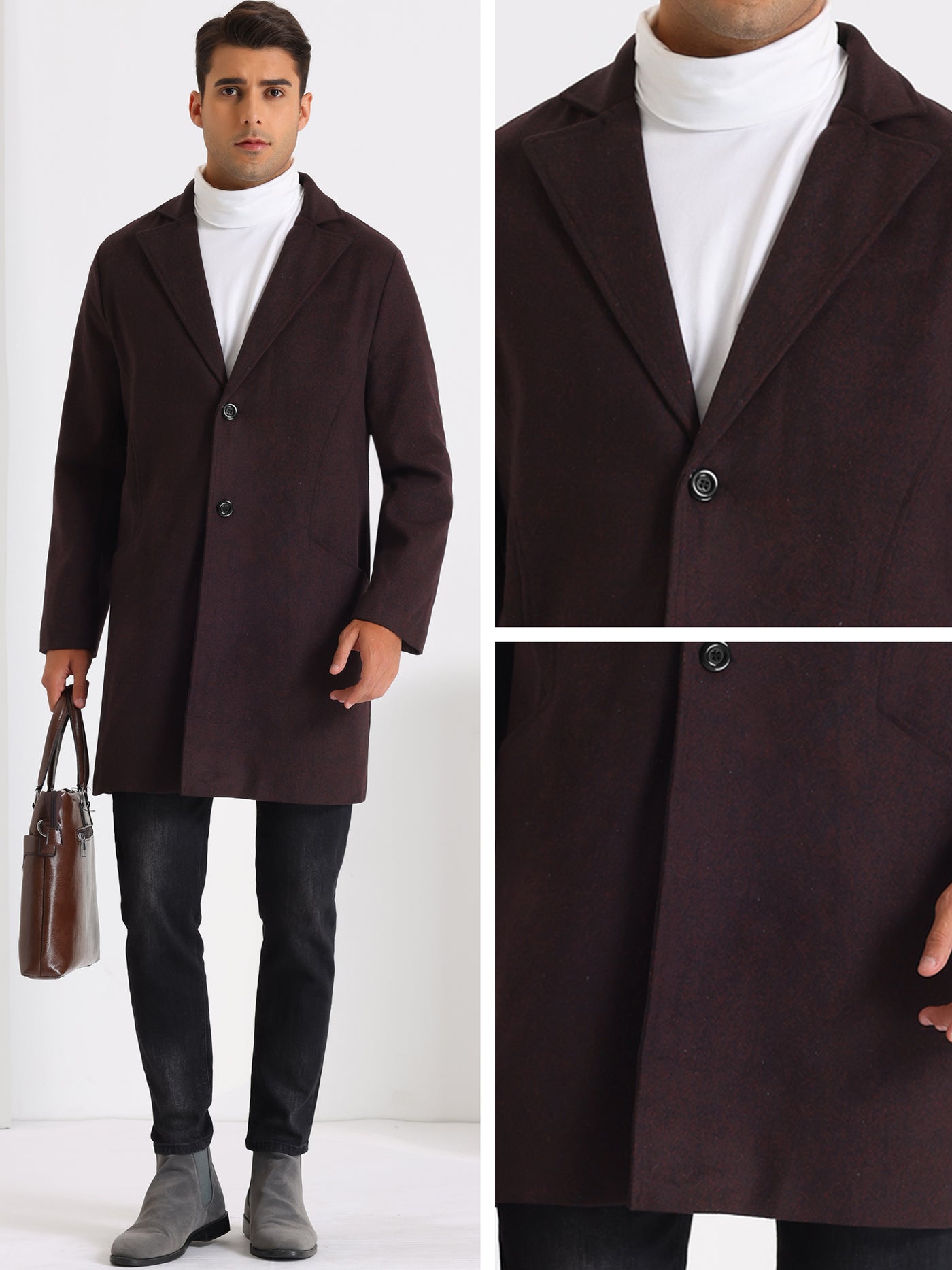 Bublédon Trench Coat for Men's Slim Fit Single Breasted Business Winter Overcoat
