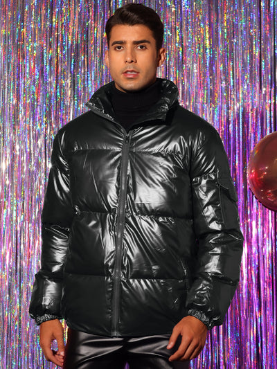 Bublédon Metallic Puffer Jacket for Men's Stand Collar Full Zip Shiny Winter Quilting Jackets
