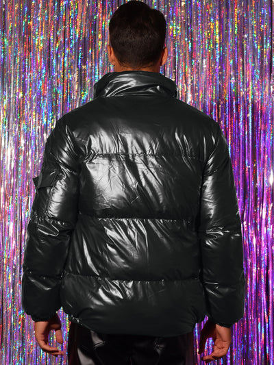 Metallic Puffer Jacket for Men's Stand Collar Full Zip Shiny Winter Quilting Jackets