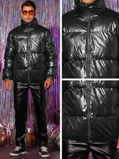 Metallic Puffer Jacket for Men's Stand Collar Full Zip Shiny Winter Quilting Jackets