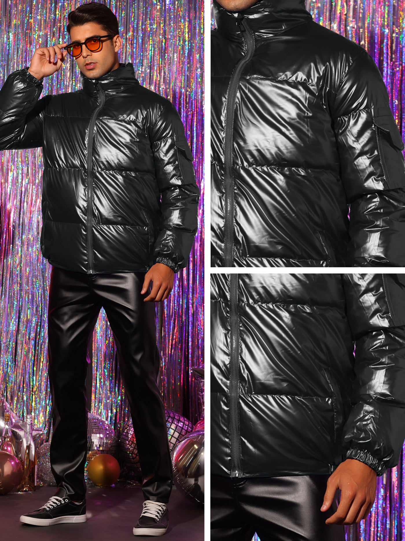 Bublédon Metallic Puffer Jacket for Men's Stand Collar Full Zip Shiny Winter Quilting Jackets