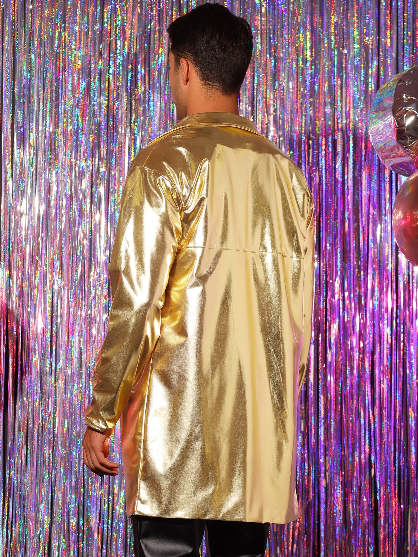 Bublédon Men's Lapel Disco Party Shiny Long Coat with Belt