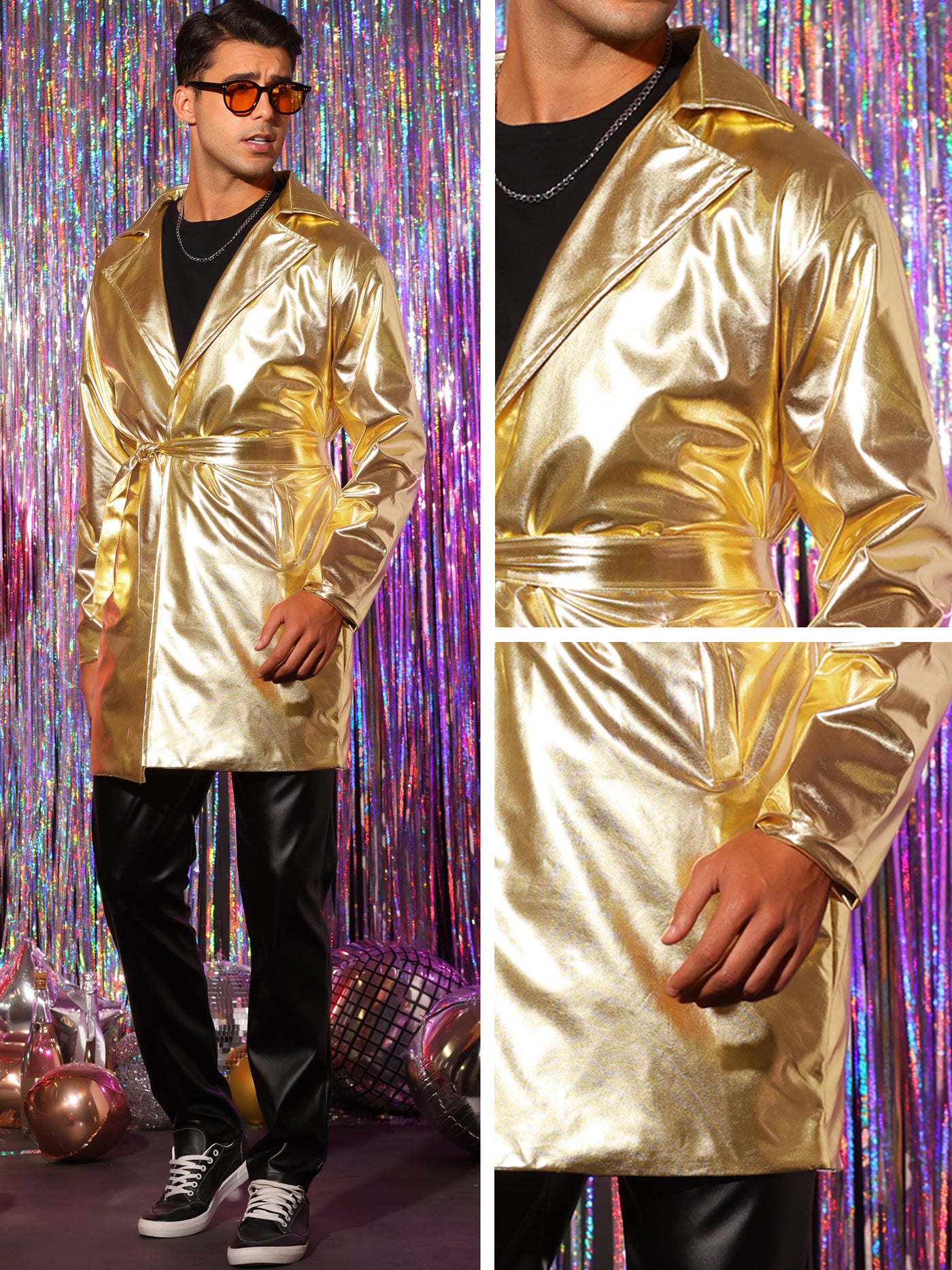 Bublédon Men's Lapel Disco Party Shiny Long Coat with Belt