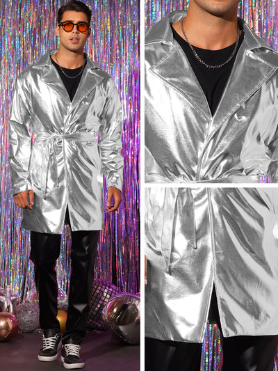Men's Lapel Disco Party Shiny Long Coat with Belt