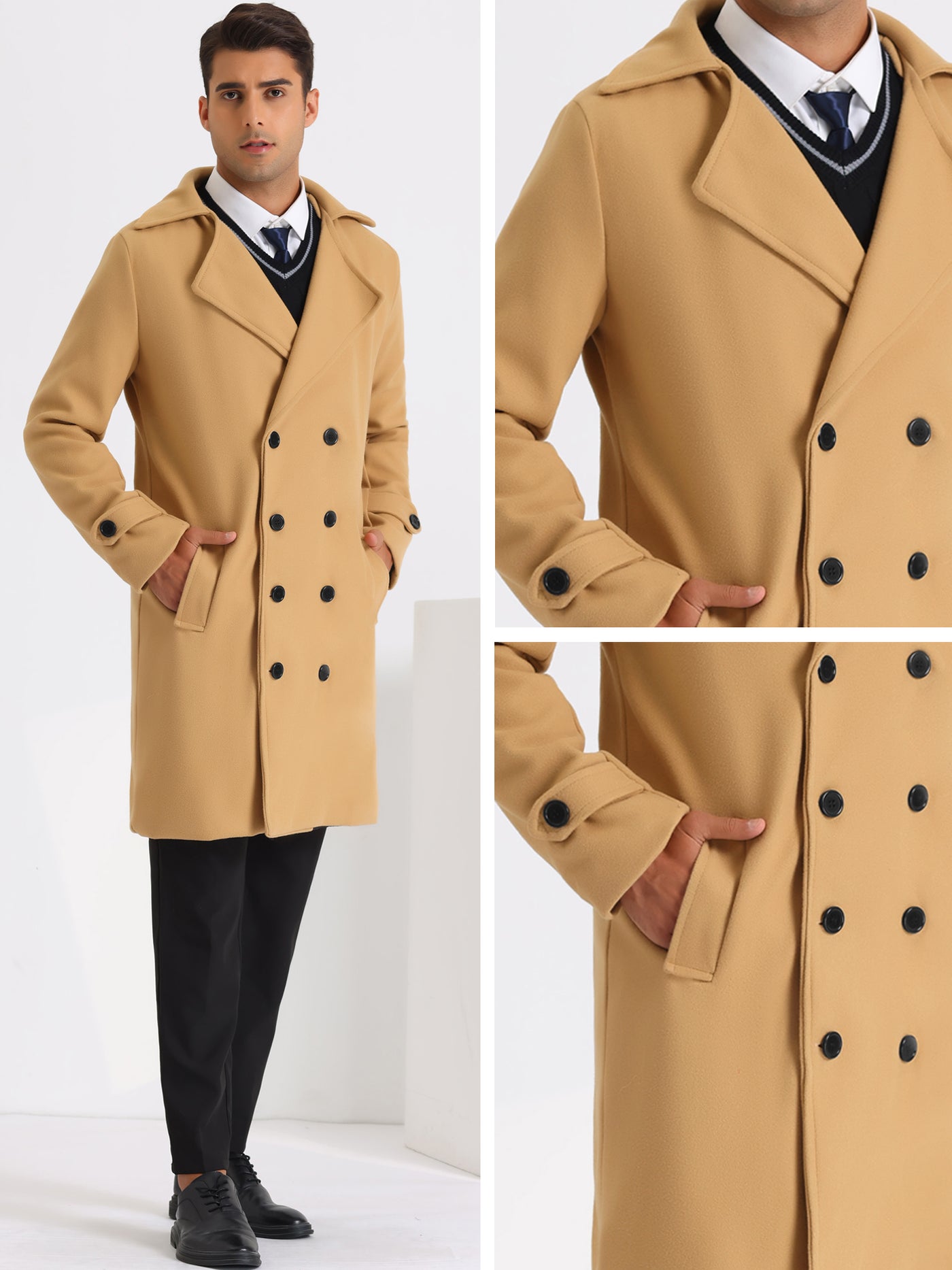 Bublédon Pea Coat for Men's Winter Notched Lapel Double Breasted Long Coats