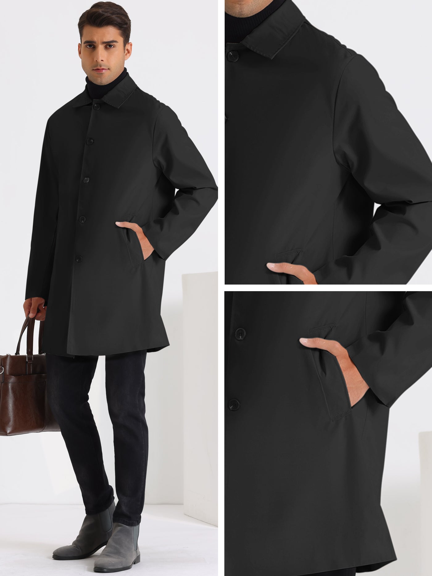 Bublédon Trench Coat for Men's Solid Color Collared SIngle Breasted Long Jacket