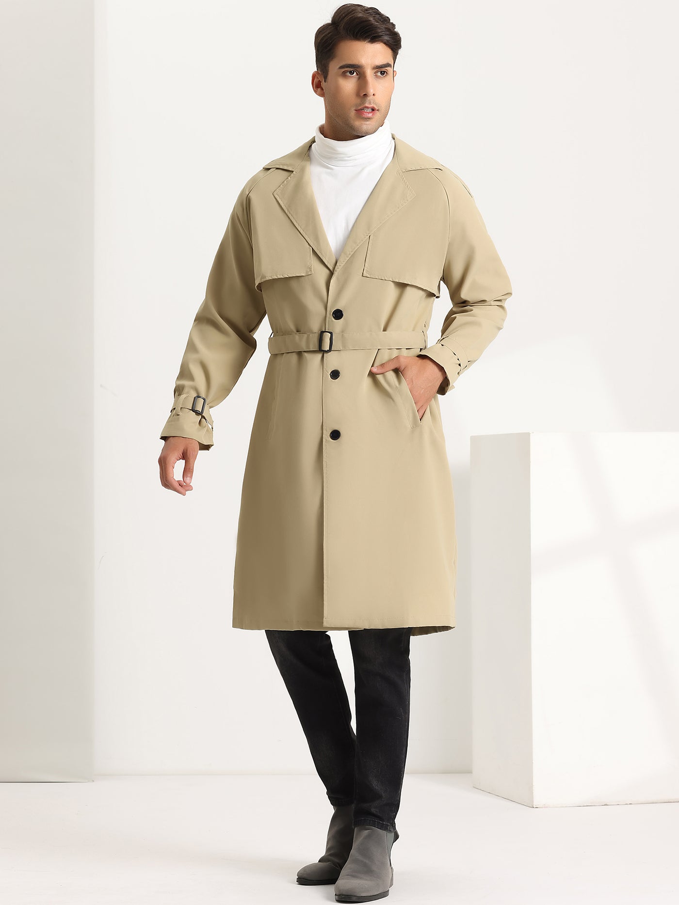 Bublédon Trench Coat for Men's Casual Double Breasted Winter Belted Long Jacket Overcoat