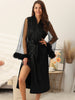 Womens Satin Robe Feather Trim Bridesmaid Bathrobe Mesh Long Sleeve Bridal Party Sleepwear