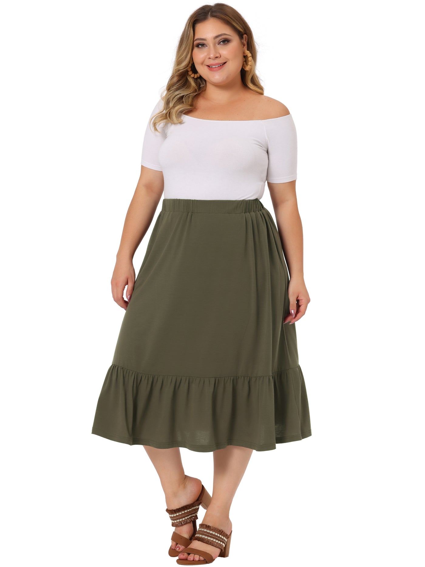 Bublédon Plus Size Half Ruffle Skirts for Women Elastic Waist Swing Casual Midi Vintage Underskirt