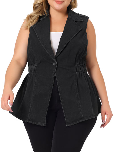 Plus Size Jacket Sleeveless Waistline Notched Lapel Button Denim Vests