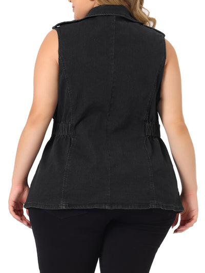 Plus Size Jacket Sleeveless Waistline Notched Lapel Button Denim Vests