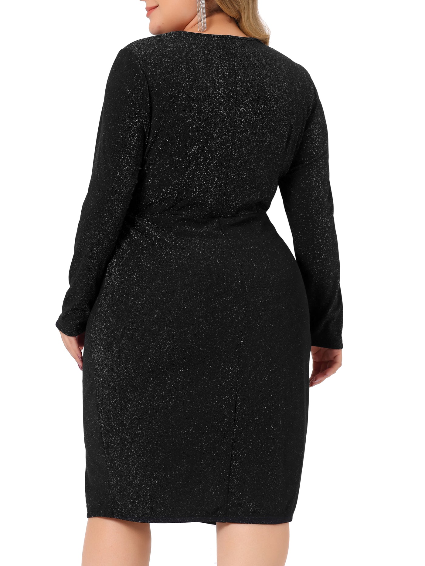 Bublédon Women's Plus Size Long Sleeve V Neck Zipper Split Hem Pleat Sequin Sparkle Pencil Bodycon Dress