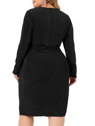 Women's Plus Size Long Sleeve V Neck Zipper Split Hem Pleat Sequin Sparkle Pencil Bodycon Dress