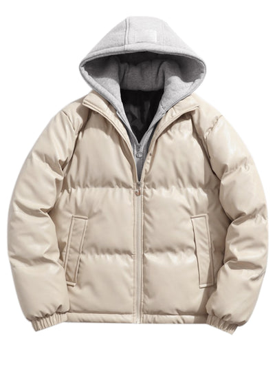 Puffer Jackets for Men's Full Zipper Winter Hoodie Faux Leather Down Jacket