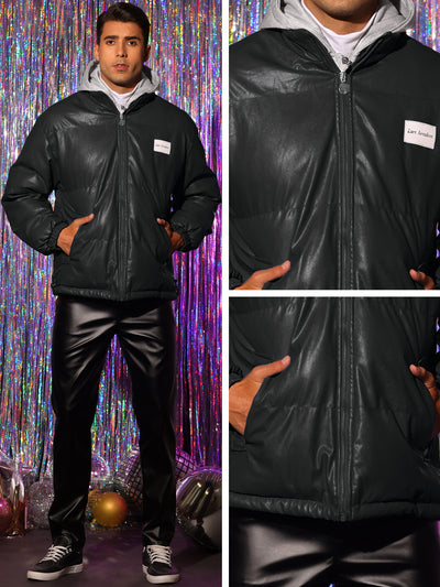 Puffer Jackets for Men's Full Zipper Winter Hoodie Faux Leather Down Jacket