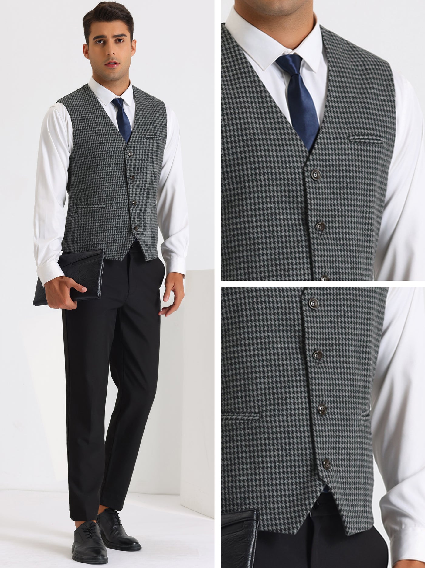 Bublédon Houndstooth Print Waistcoat for Men's Classic Slim Fit Business Formal Dress Vest