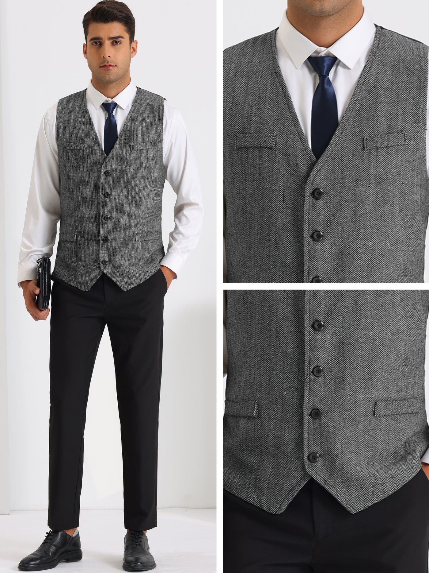 Bublédon Herringbone Suits Vest for Men's Classic Slim Fit Business Formal Dress Waistcoat