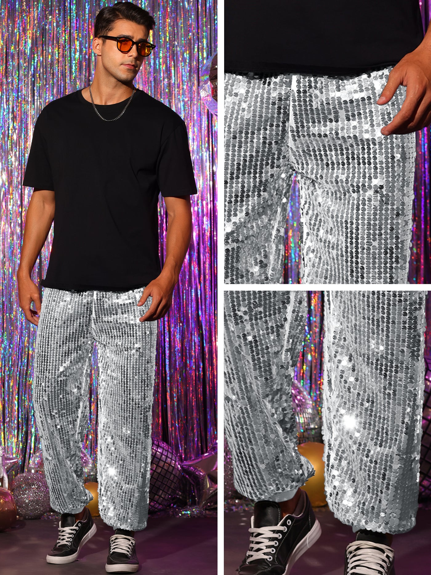 Bublédon Sequin Pants for Men's Sparkly Disco Costume Elastic Waist Shiny Metallic Joggers