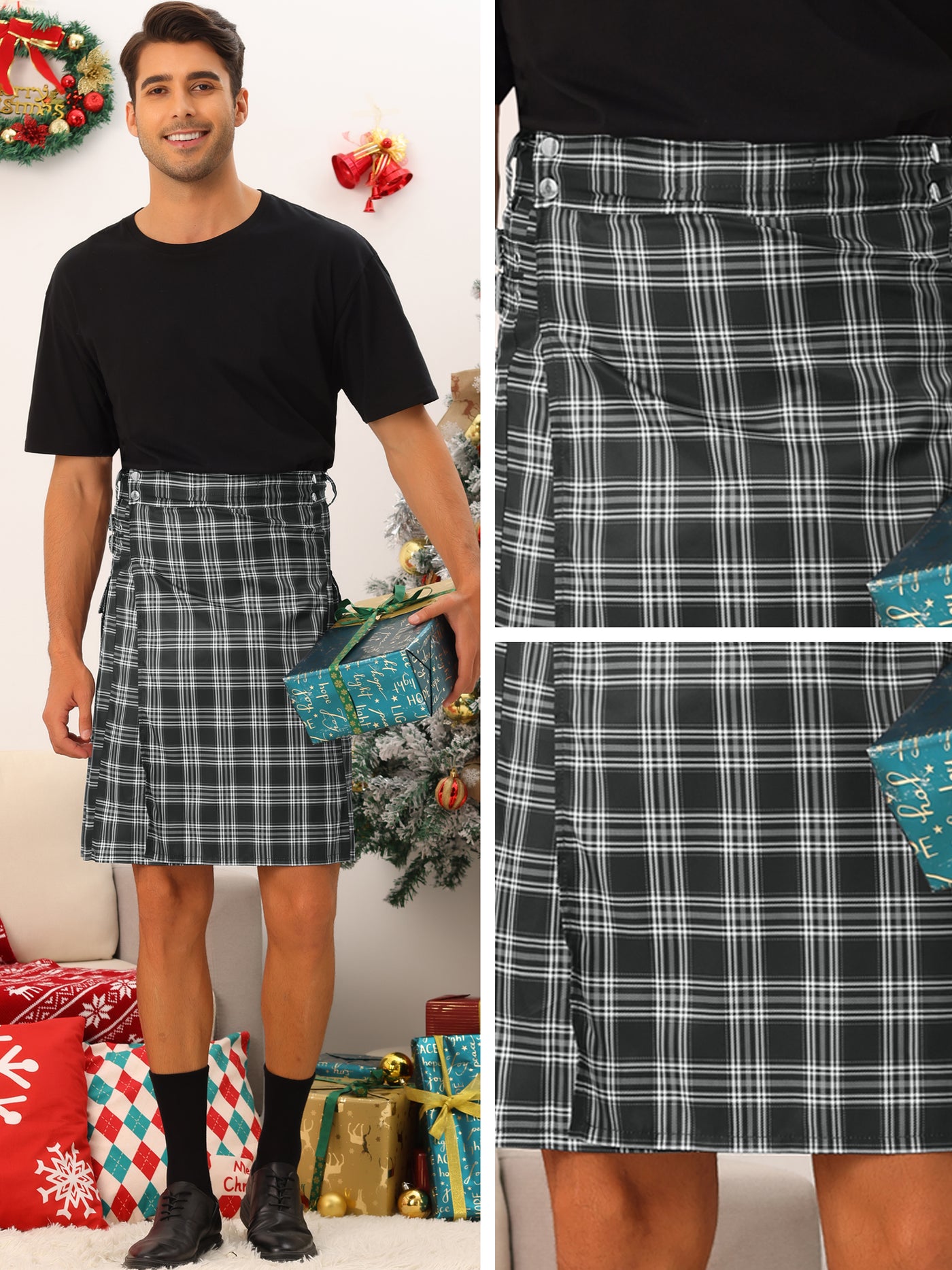 Bublédon Tartan Kilt for Men's Color Block Costume Pleated Checked Short Dress Plaid Skirt