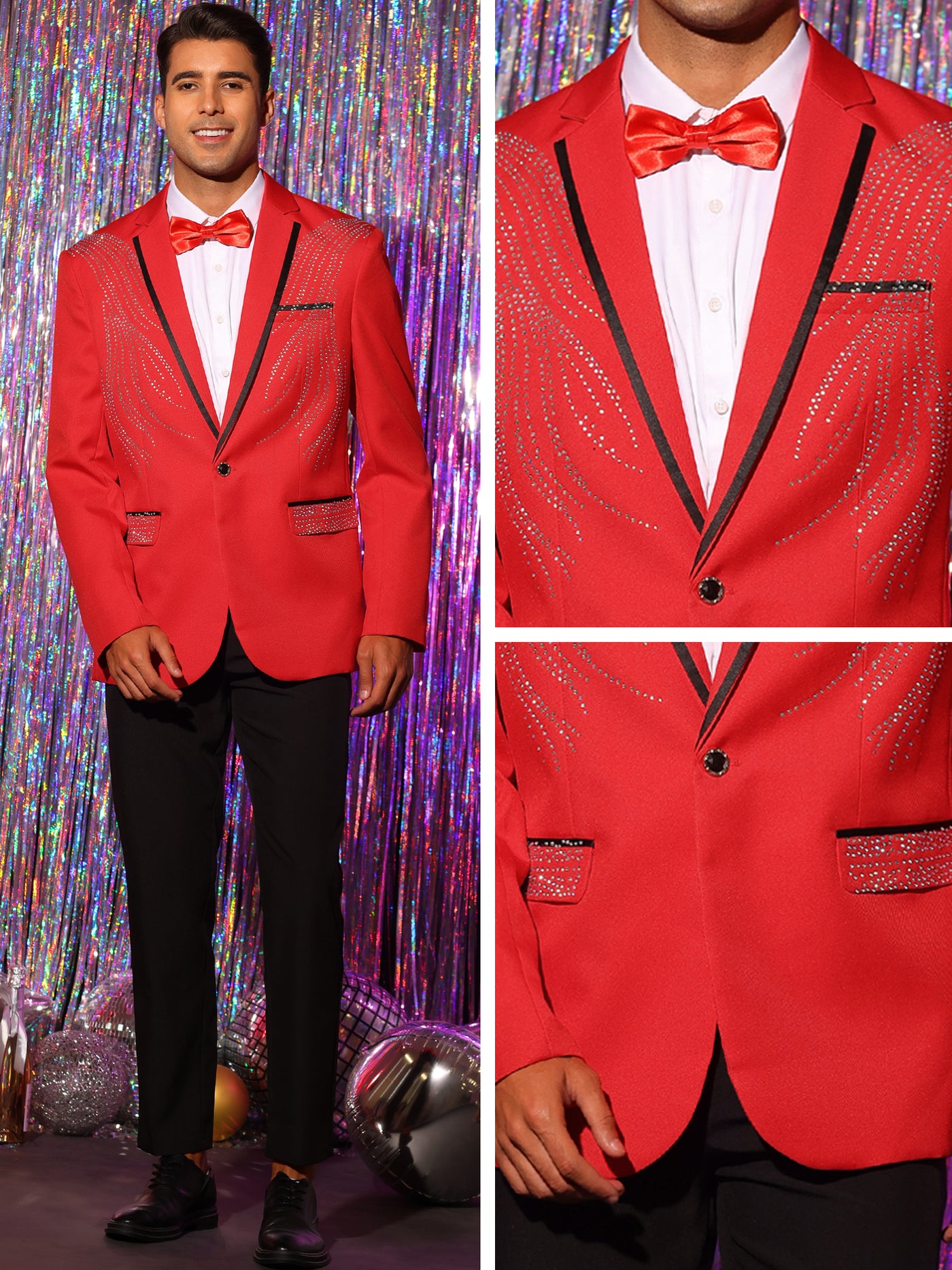 Bublédon Tuxedo Suit Jacket for Men's Slim Fit Party Prom Shiny Rhinestone Decoration Blazer