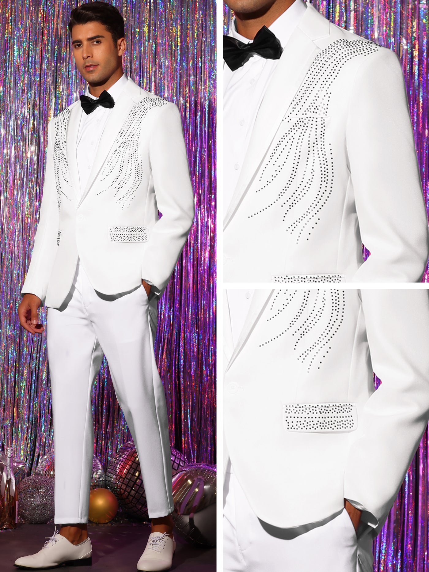 Bublédon Tuxedo Suit Jacket for Men's Slim Fit Party Prom Shiny Rhinestone Decoration Blazer