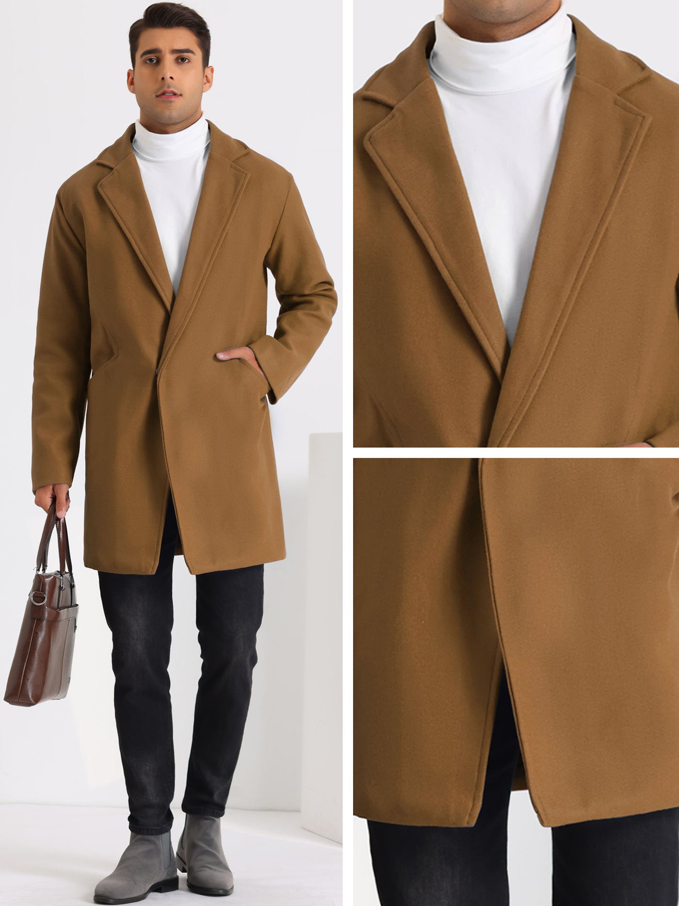 Bublédon Men's Winter Solid Color Notched Collar Single Breasted Long Coats