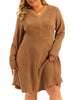 Plus Size Faux Suede V Neck Long Sleeve A-Line Dress