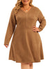 Plus Size Faux Suede V Neck Long Sleeve A-Line Dress