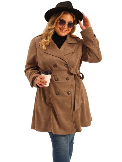 Women's Plus Size Faux Suede Notched Lapel Double Breasted Trench Coat Jacket with Belt