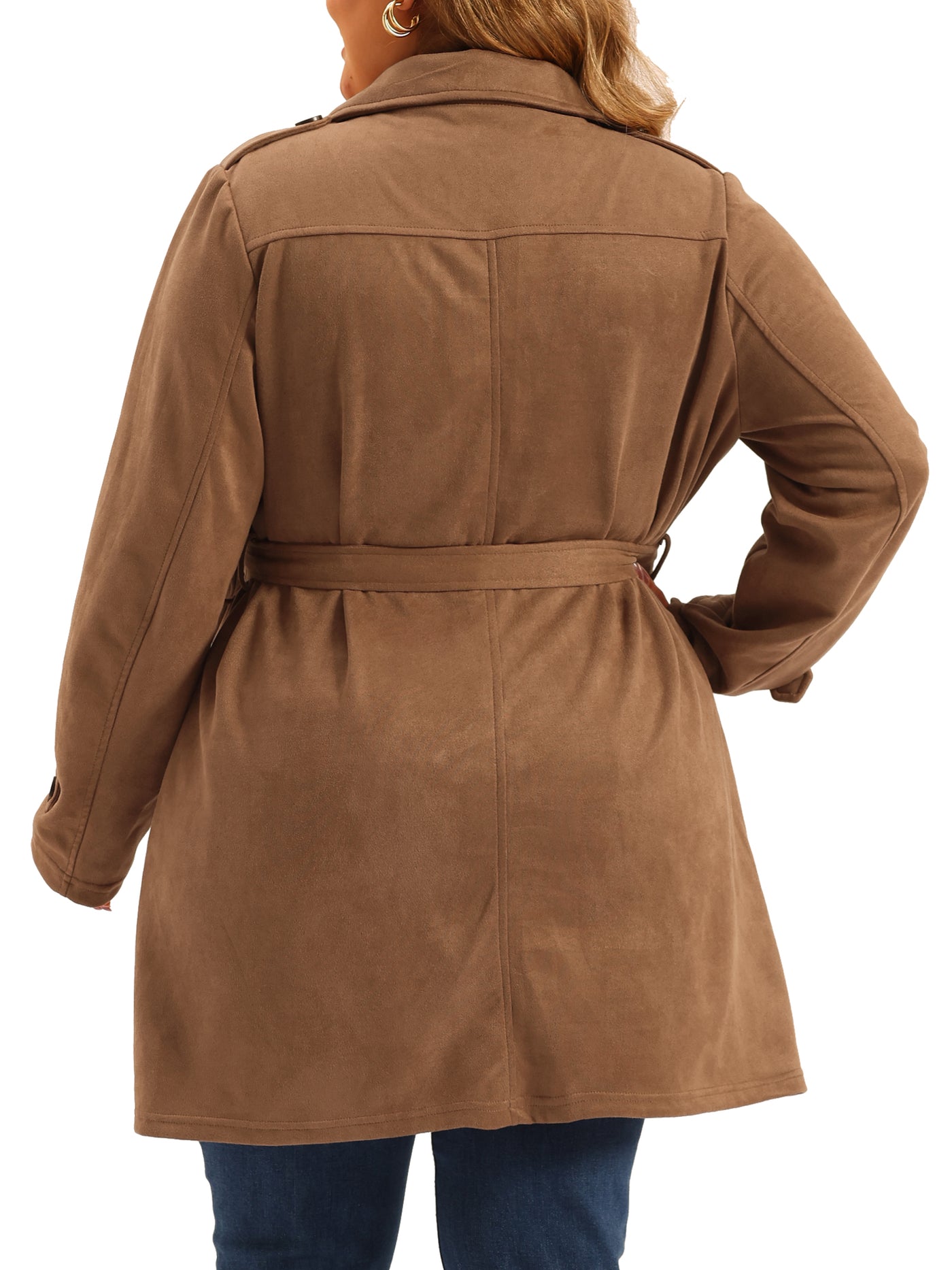Bublédon Women's Plus Size Faux Suede Notched Lapel Double Breasted Trench Coat Jacket with Belt