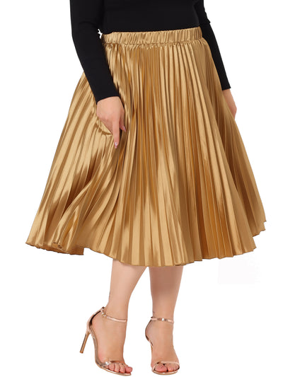 Plus Size Pleated Skirt for Women Stretched High Waist Premium Metallic Shiny Midi Skirts
