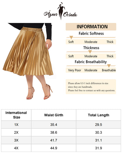 Plus Size Pleated Skirt for Women Stretched High Waist Premium Metallic Shiny Midi Skirts