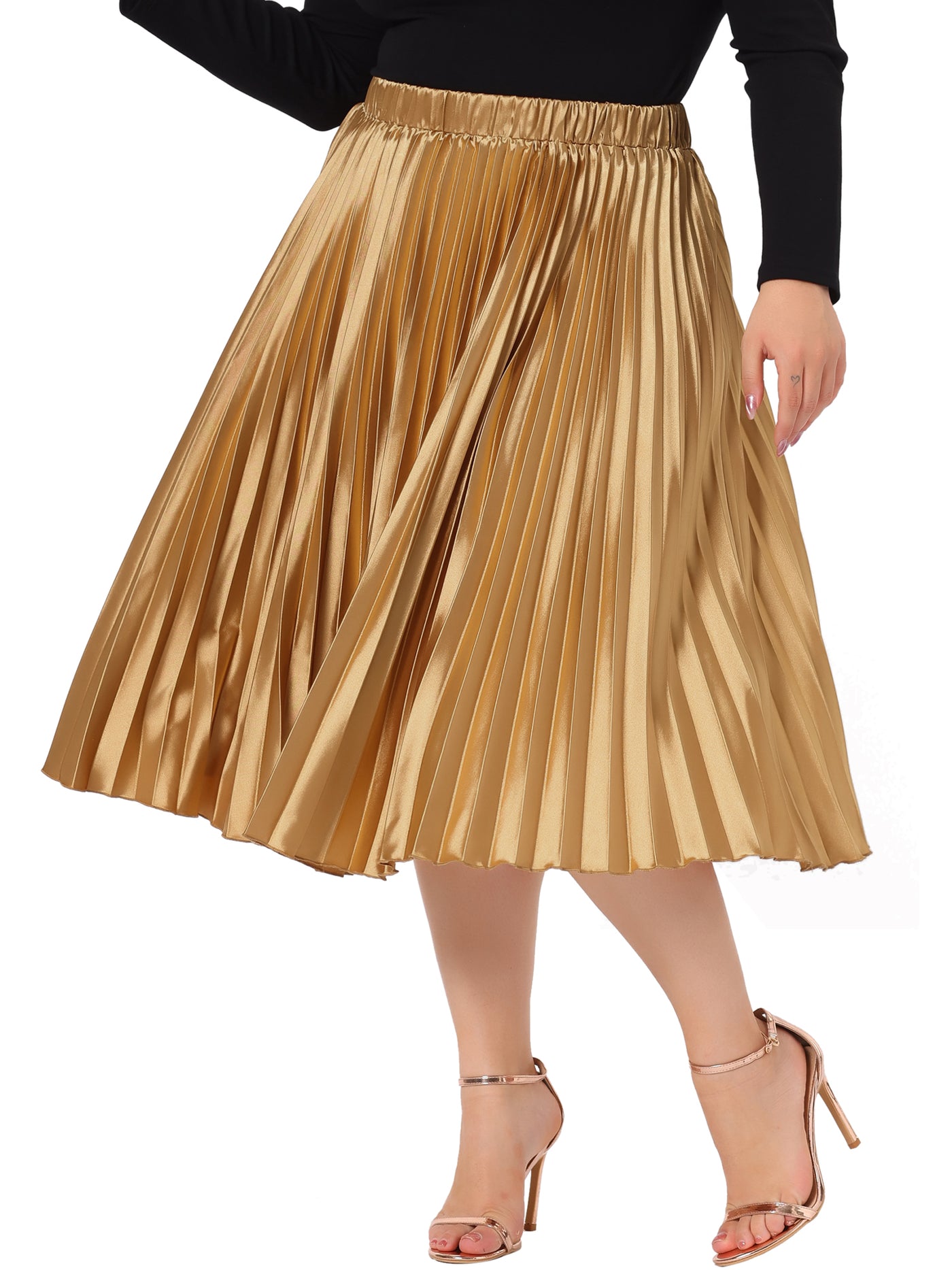 Bublédon Plus Size Pleated Skirt for Women Stretched High Waist Premium Metallic Shiny Midi Skirts