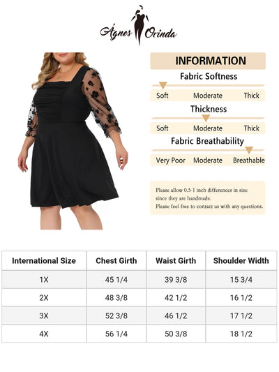 Plus Size Dress for Women Square Neck Sheer Long Sleeve Ruffle Flowy A-Line Midi Dresses