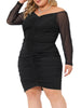 Plus Size Bodycon Off Shoulder Mesh 3/4 Sleeve Stretchy Ruched Cocktail Pencil Mini Dress