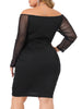 Plus Size Bodycon Off Shoulder Mesh 3/4 Sleeve Stretchy Ruched Cocktail Pencil Mini Dress