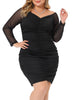 Plus Size Bodycon Off Shoulder Mesh 3/4 Sleeve Stretchy Ruched Cocktail Pencil Mini Dress