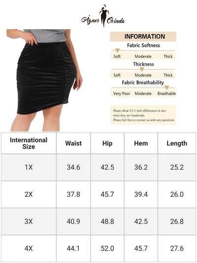 Plus Size Velvet Skirts for Women Stretch High Waist Ruched Pencil Bodycon Mini Club Skirt