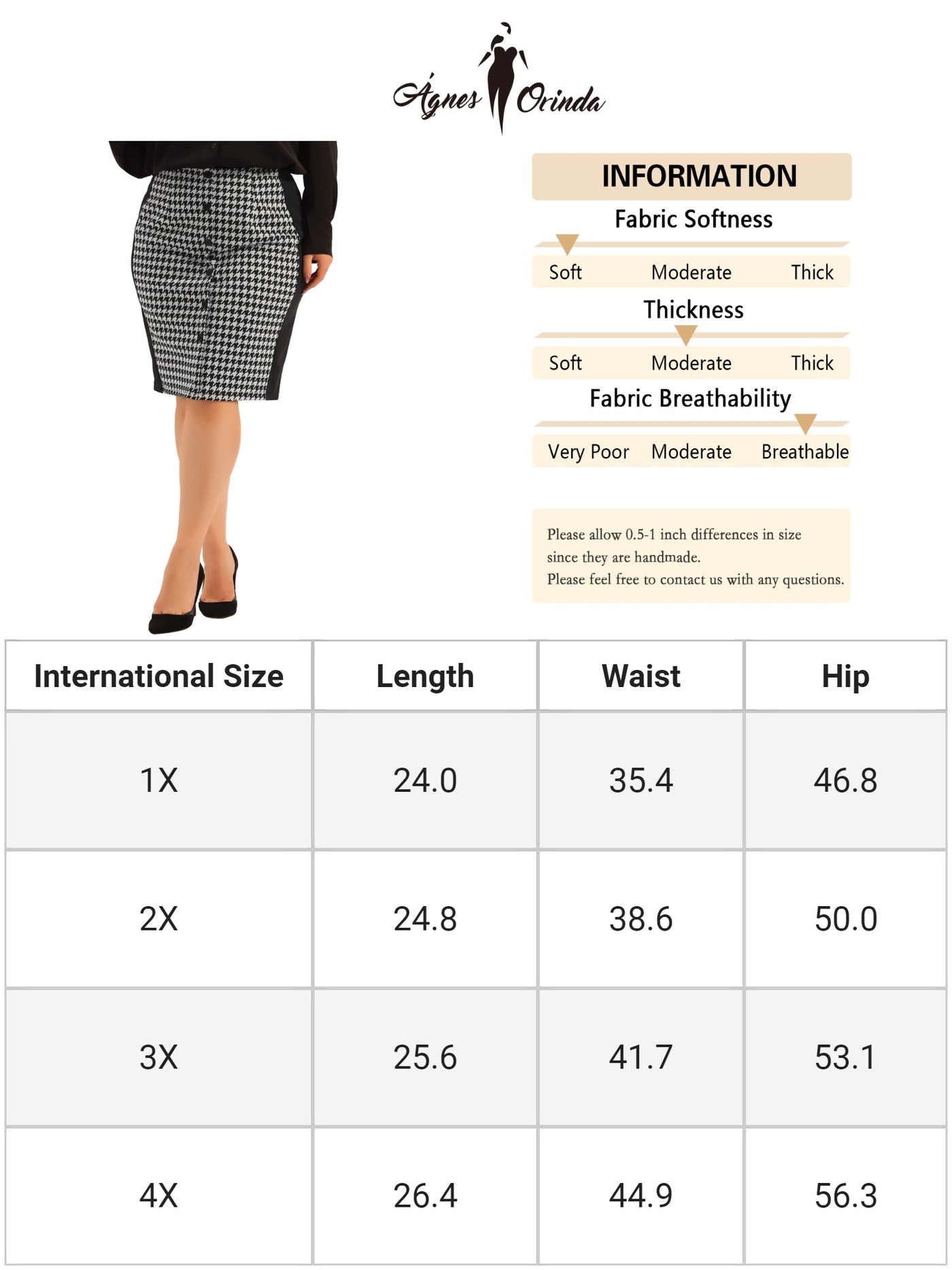 Bublédon Plus Size Pencil Skirt for Women Work Houndstooth Pattern Slim Knee Skirts