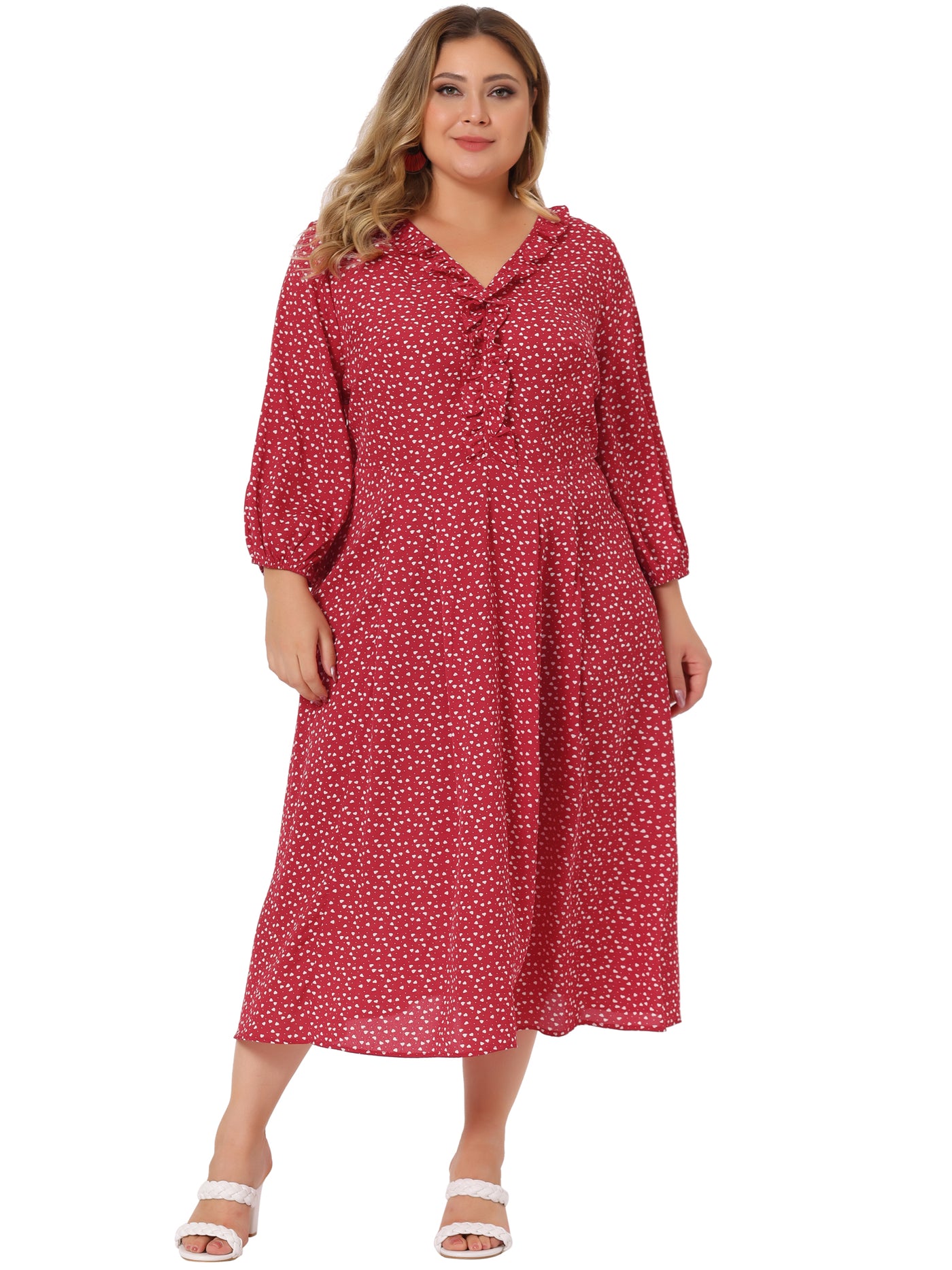 Bublédon Plus Size Dress for Women Casual Elbow Sleeve Sweetheart Print Midi Ruffle Dresses