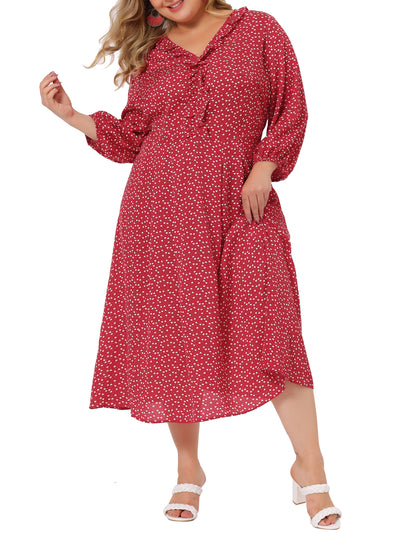 Plus Size Dress for Women Casual Elbow Sleeve Sweetheart Print Midi Ruffle Dresses