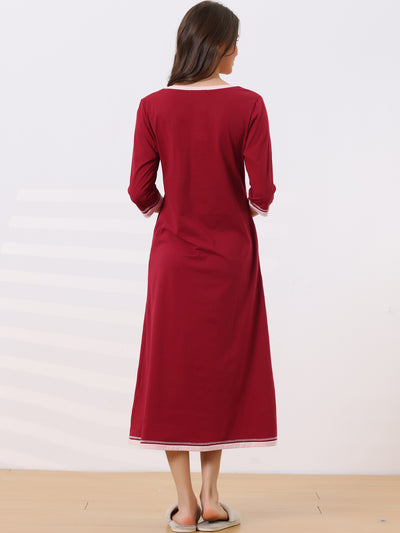 Womens Long Nightgown 3/4 Sleeve V Neck Loungewear Full Length Sleep Nightshirt with Pockets
