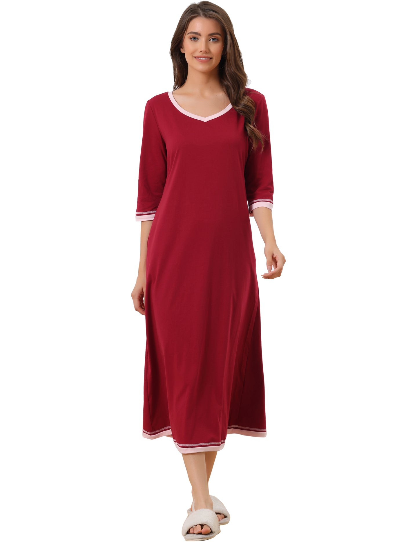 Bublédon Womens Long Nightgown 3/4 Sleeve V Neck Loungewear Full Length Sleep Nightshirt with Pockets