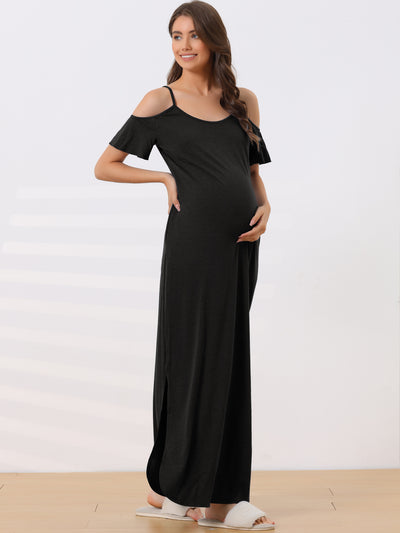Women's Cold Shoulder Loose Maternity Nightgown Short Sleeve Maxi Lounge Dress