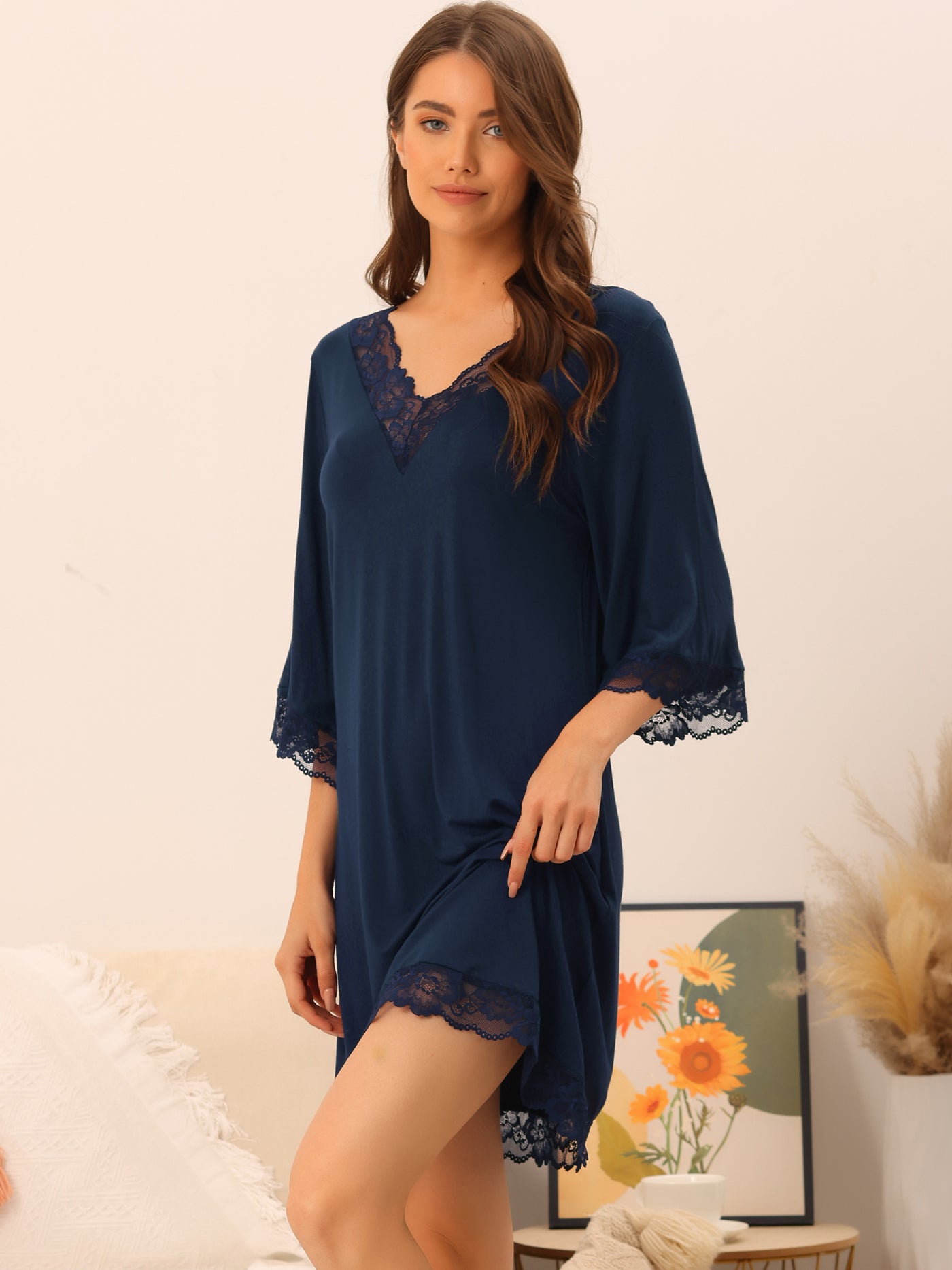 Bublédon Womens Lace Nightshirt Soft Half Sleeve Sleepshirt Loungewear Pajama Nightgown