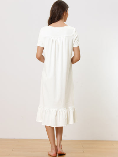 Womens Victorian Nightgown Princess Lace Ruffle Short Sleeve Cotton Sleepwear Loungewear